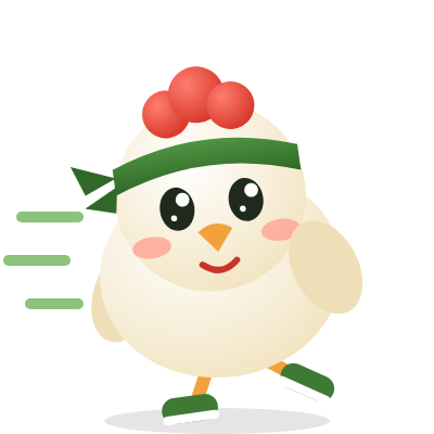 The DemetRUN hen running in sneakers and a green headband